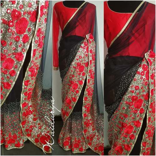 embroidery mirror work saree