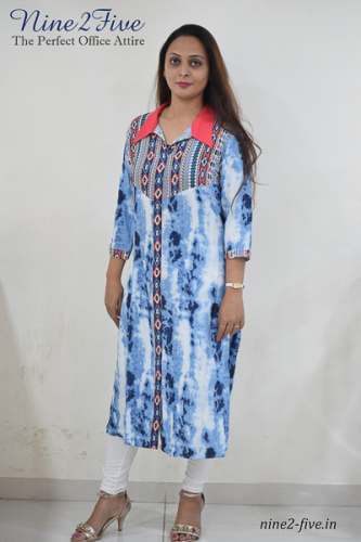Blue Shibori Print Rayon Cotton Straight Fit Kurti
