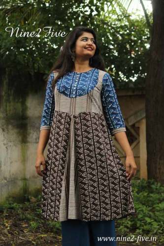  Geometric Print Cotton Blue Brown A Line Kurti