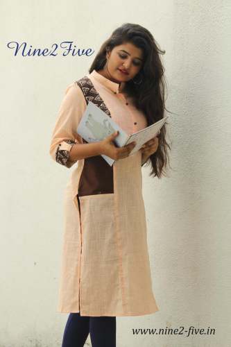 Light Peach Cotton With Mandarin Collar Kurti