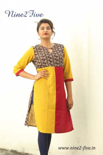 Mustard & Maroon Printed Cotton Straight Fit Kurti