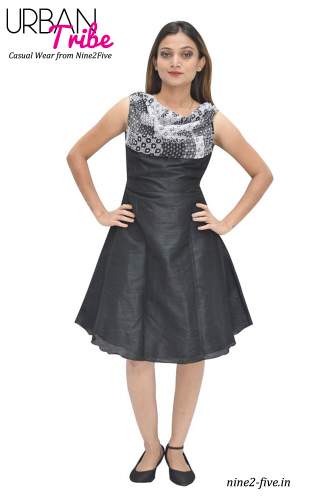 Nine2Five Black Raw Silk Cowl Neck Dress.
