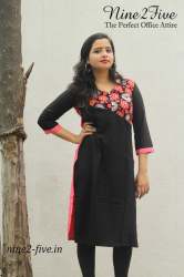 Nine2Five Black Rayon Cotton Embroidered  Kurti