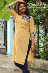 Nine2Five Fawn Color Cotton  Straight Long Kurti