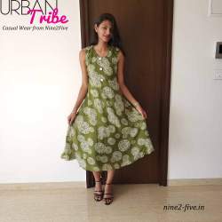 Nine2Five Green Printed Georgette Dress.