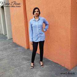 Nine2Five Light Blue Printed Polymoss Formal Shirt