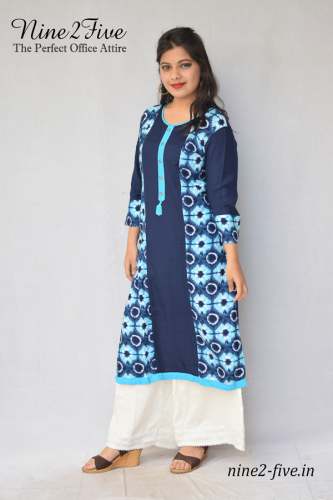 Nine2Five Navy Blue Printed  Rayon Cotton Kurti