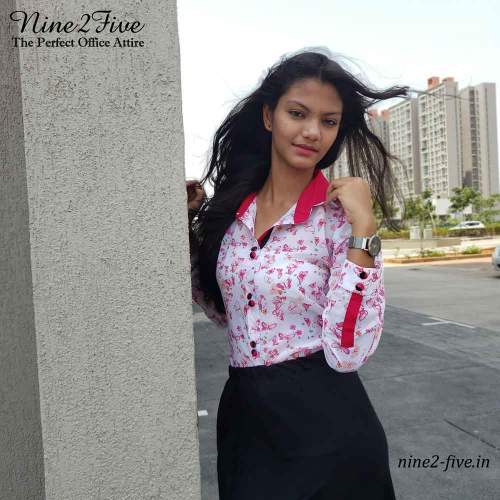 Nine2Five  Pink Printed Georgette  Formal Shirt. by MSL Apparels Pvt Ltd
