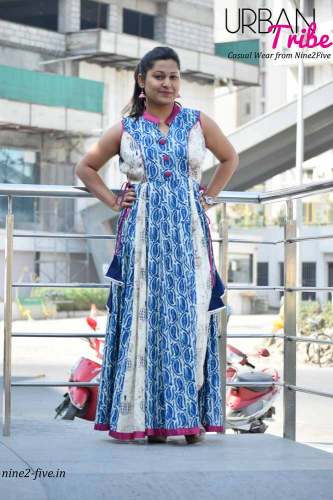 Nine2Five  Rayon Cotton Navy Blue Anarkali Dress.