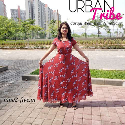 MSL Apparels Pvt Ltd Nine2Five Rust Polymoss Floor Length Dress.