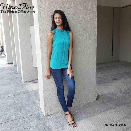 Nine2Five Turquoise Silk Pleated Top