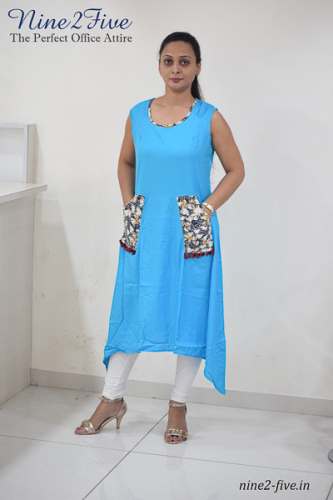 Sky Blue Rayon Cotton C- Cut Pocket Kurti.