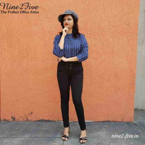 Twill Rayon Navy Blue Striped Shirt