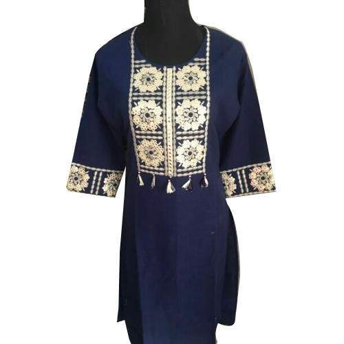 Trendy Blue Embroidered Neck Kurti by Bablu Export