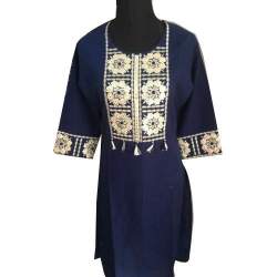 Trendy Blue Embroidered Neck Kurti