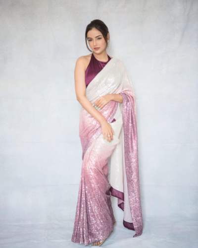 Af-jasmine Pink And White Sheded Sequence Saree