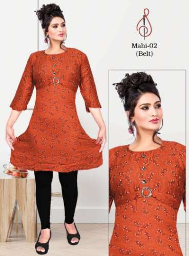 Ajmera Mahi Belt Printed Rayon Kurtis 