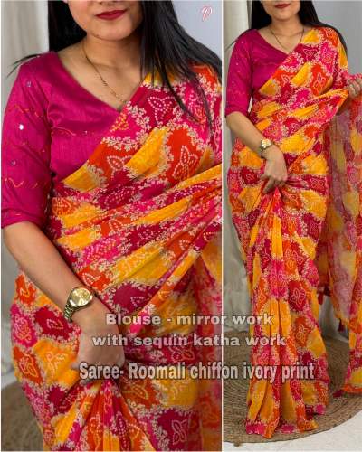 Bandhani printed Roomali chiffon Saree