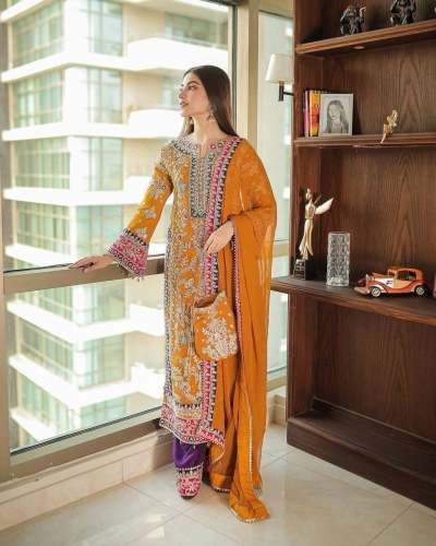 Beautiful Georgette Pakistani Style Embroidery Work Kurti  palazzo Dupatta  Set