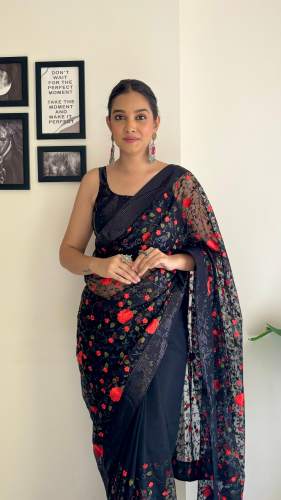 Beautiful Sequins And Multi Colored Thread Embroidery Work Soft Net saree