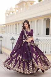 Beautiful Wine Sequins Georgette Wedding Lehenga Choli With Dupatta
