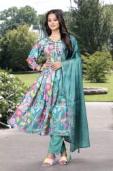 Classic  satin silk Mirror Work  Alia Cut kurti pant and dupatta set