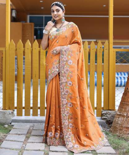 contrast Floral Embroidered Saree