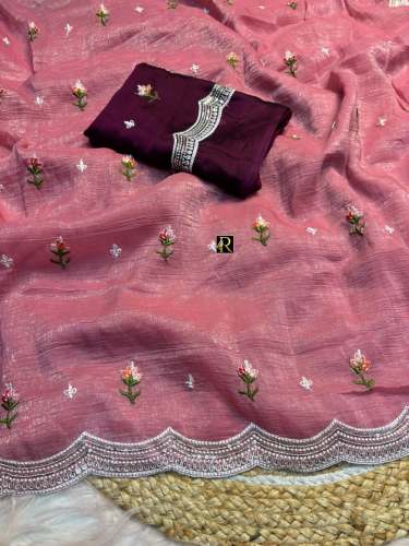 Crunchy Multi Embroidery Work Chiffon Saree 