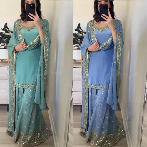 Designer Party Wear Faux Georgette Embroidery Sequence Work Full Sleeve Top-Plazzo and Dupatta set