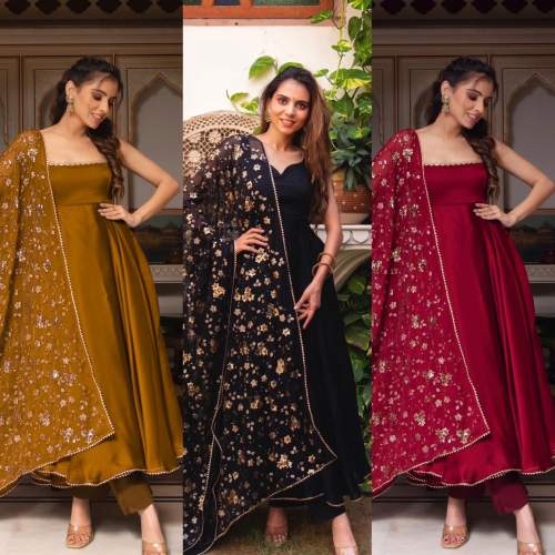  Designer Party Wear Georgette Fully Flair Gown With Bottom and Dupatta Ready To Wear