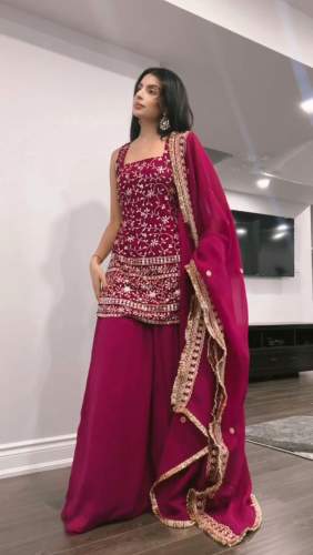  Designer Party Wear Georgette Heavy  Embroidery Work Full stitched Top-Palazzo and Dupatta set