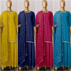  Desinger Party Wear Cotton Silk Real Mirror HandWork With Full Sleeve Top-Plazzo And Dupatta set