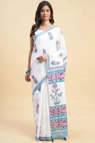 digital  Print linen Saree with Unstitched Blouse