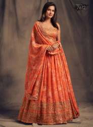 Digital Printed Organza Lehenga in Orange