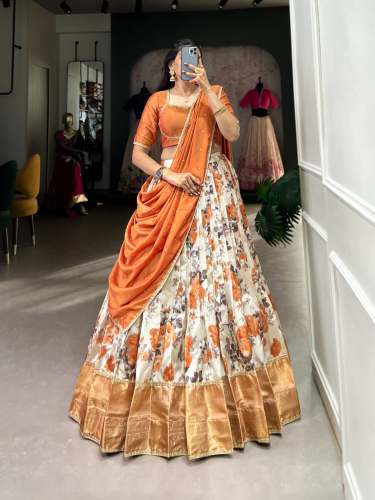 Exclusive And Classical Dola Silk Lehenga With Floral Print And Zari Weaving Work