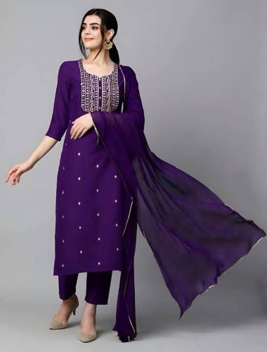 Fashionable Embroidered Heavy Rayon Kurti Pant Dupatta Sets 