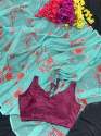 Flower print georgett fabric with digital print saree with readymade and unstitch blouse thumb 5