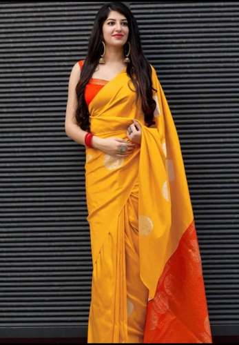 Haldi Wear Lichi Silk Fabric Banarasi Yellow Saree