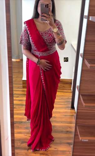 Heavy Chinon Embroidery cording work Ready to wear Saree With Belt