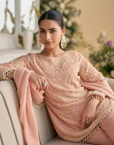 Heavy Embroidered Beads Work Suit With Palazzo Pant And Dupatta by Fab Funda