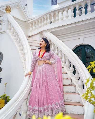 Heavy Faux Georgette Embroidered Sequence Work Lehengas Choli With Dupatta