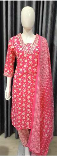 latest cotton fabric printed kurti pant and dupatta set 