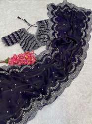 latest Embroidery Work Jimmy Choo Satin Saree 