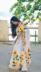  Latest  Pure Kerala Cotton Hand-painted Sunflower Design saree