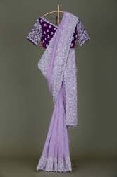 Lavender Colour Embroidery work with lace cut work Organza saree