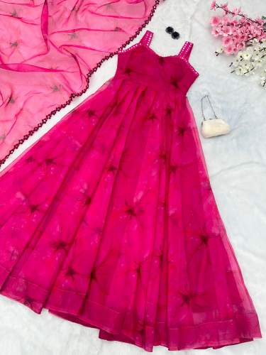  Lovely Elegance Digital Printed Pure Organza Silk Anarkali Suit With Designer Lace Border