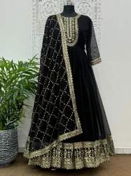 Mesmerizing Shimmer Silk Embroidery Sequins Work Black Gown Pant With Dupatta	