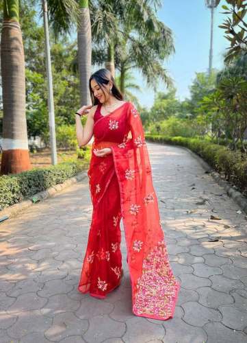 New Arrival viscose thread work  Organza Sarees  