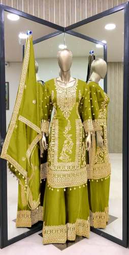 New  Chinnon Silk Embroidery kurti  Palazzo suit