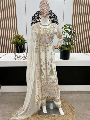 New Festival Collection  Georgette And Heavy Embroidery Sequence Work Top-Bottom And Dupatta Set 